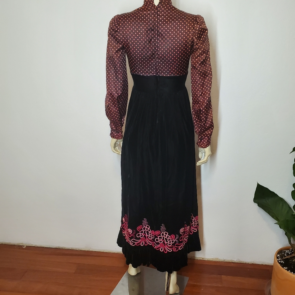 Vintage 70s Vicky Victorian Velvet Dot Dress - Picture 2 of 11